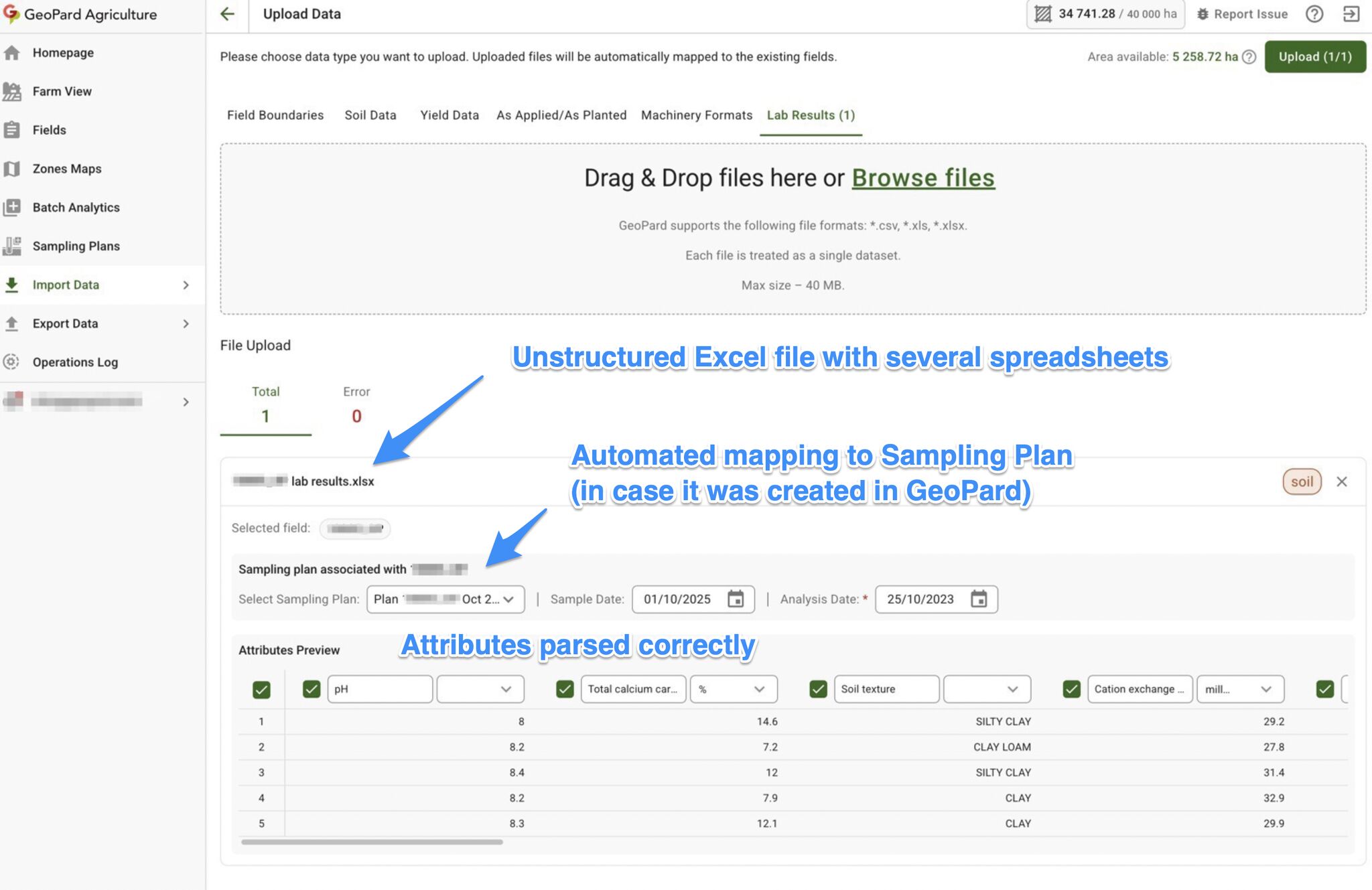 Automated parsing of csv/excel soil lab results