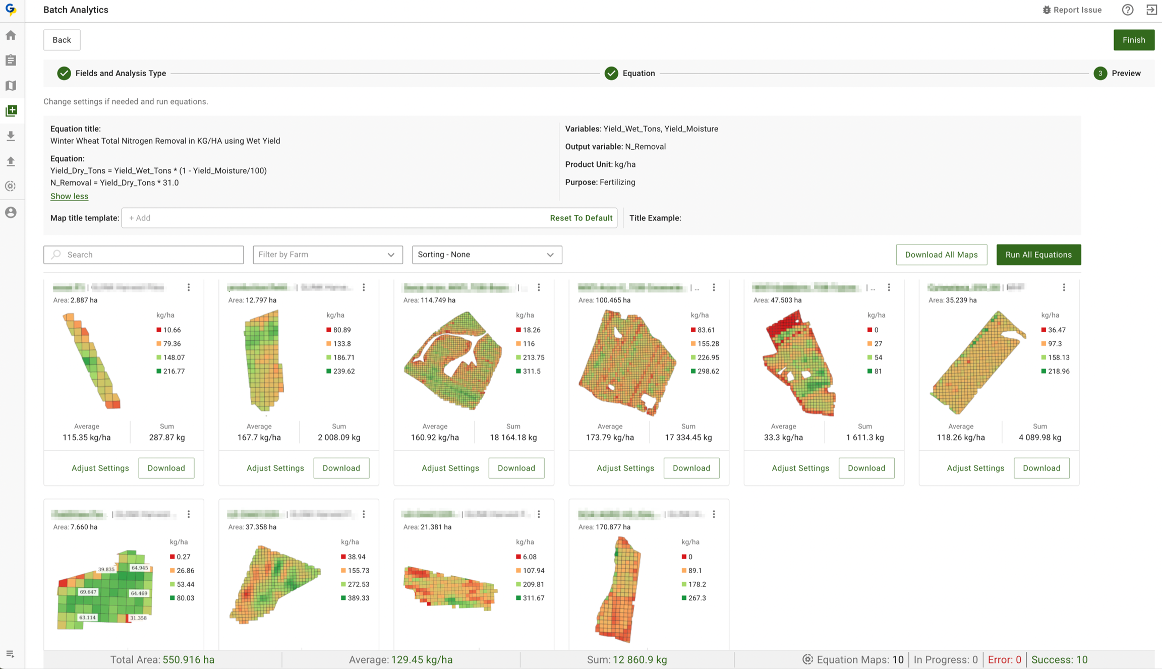Step 2 - Batch calculation of Nitrogen removal based on Yield and Moisture data. Includes the calculation of an average per ha and total amount of product